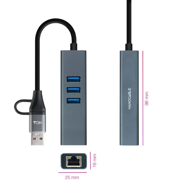 Nanocable Conversor USB-C y USB-A a Ethernet RJ45 y 3xUSB-A 3.0 Gris Nanocable Conversor USB-C y USB-A a Ethernet RJ45 y 3xUSB-A 3.0 Gris